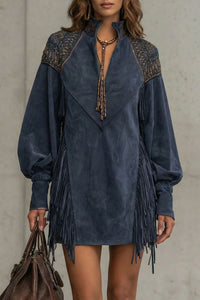 Calvetta – Embroidered Fringe Detail – Mini Tunic Dress