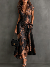 Francesca | Vestito midi a portafoglio con stampa astratta, marrone