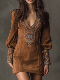 Beatrice | Brown Vintage Mini Suede Dress with V-Neck and Embroidery