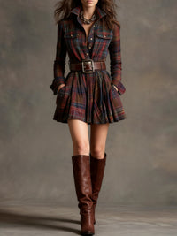 Elise | Vintage Short Dress with Red and Brown Checks and Notched Collar (includes a belt)