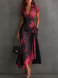 Beatrice | Vestito midi a portafoglio con stampa astratta, bordeaux